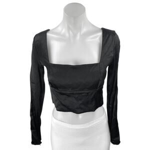 Zara Black Silky Satin Long Sleeve Square Neck Lace Up Back Crop Blouse Top Sz M